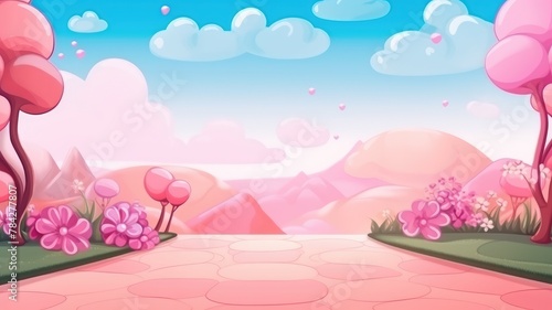 Landscape, Vibrant Cartoon Scenery with Blossoming Trees