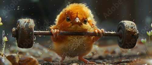 Powerlifting hatchling, miniature muscle bird, a comical blend of cute and strong photo