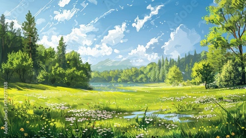 Draw spring scenery, such as green grassy fields, tree-lined forests, lakes or streams, and sunny skies. --ar 16:9 Job ID: 69112f8c-0b03-4d45-adc6-f9cb7c917c13