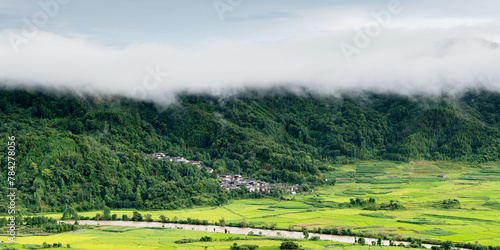 Aerial view of village and mountain