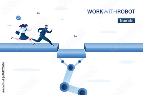 Connect bridge for support team to success, solution or assistance concept. Robot with ai helping business group.