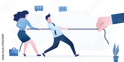 Conflict, fight over business, territory. Group of employees and huge boss hand engage in pulling rope, business competition concept.
