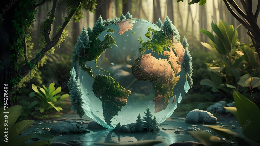 Fototapeta premium Earth globe made from water and moss the earth in the forest background, earth day concept, background wallpaper with copy space