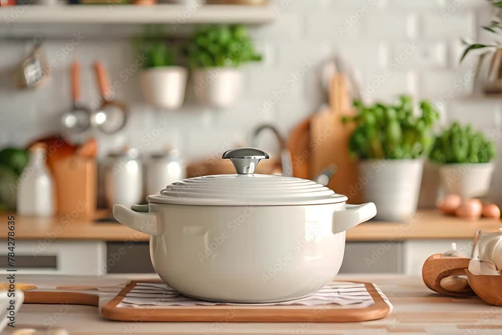 Cooking Preparation, Utilizing a Wooden Cutting Board for Placing a White Pot Cooking Preparation, Utilizing a Wooden Cutting Board for Placing a White Pot
