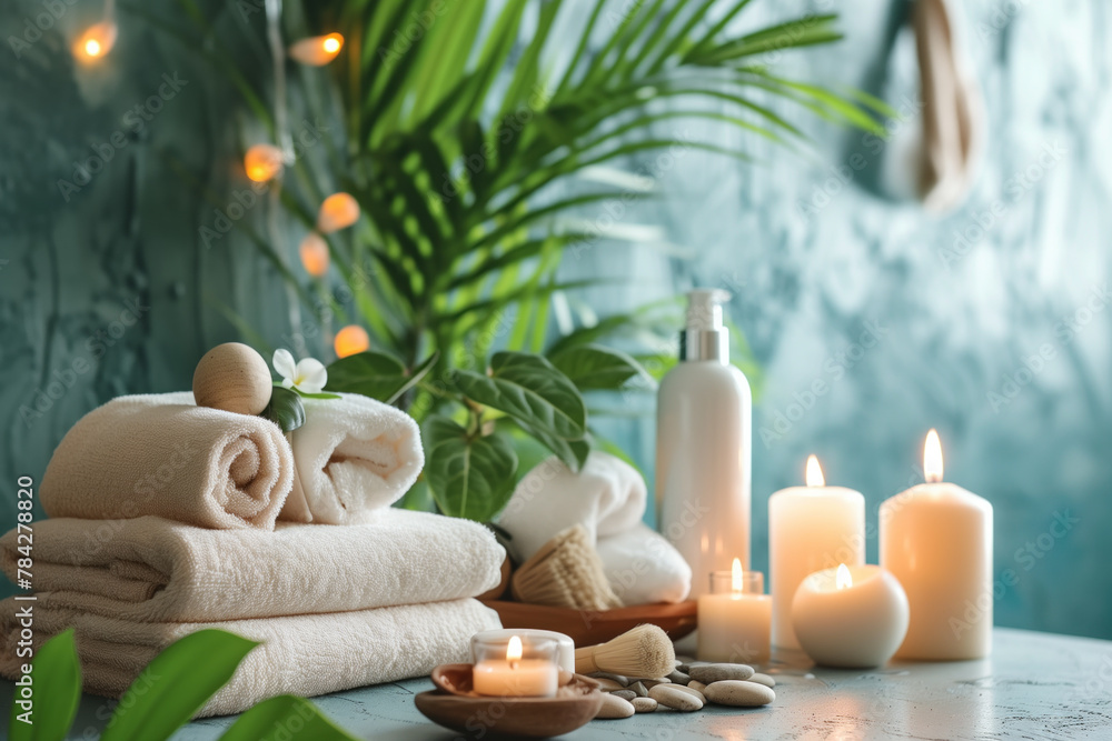 Serene spa setting with candles, essential oils, and frangipani flowers for relaxation.