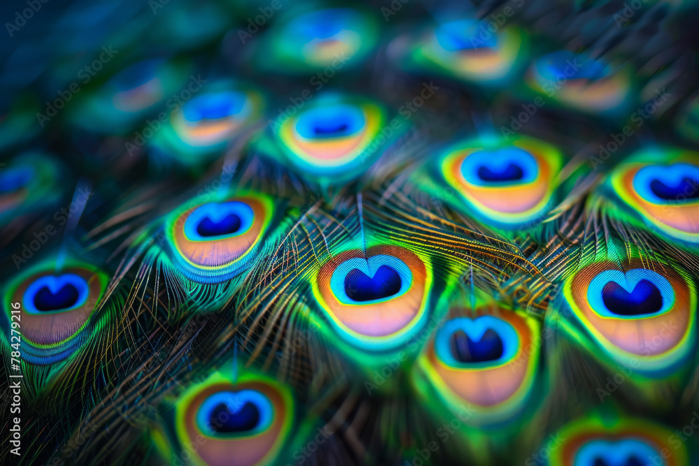 Obraz premium A close up of a peacock's feathers, showcasing the vibrant colors and intricate patterns. The feathers are arranged in a way that creates a sense of movement and depth. wallpaper of peacock feathers