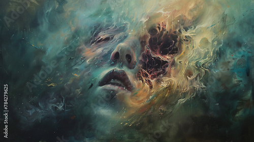 A nonphotorealistic painting of a corroded visage caught in a whirlwind of glowing, swirling haze, evoking a sense of decay photo