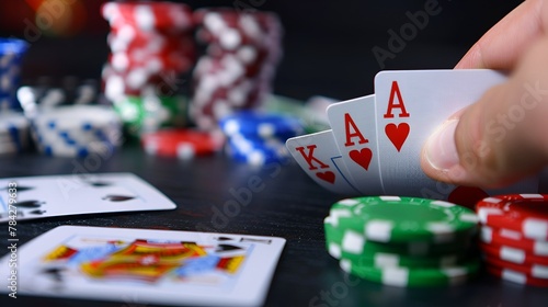 Card sharp at poker table, focus on left, copy space right