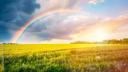 Photo of a rainbow over a field with copy space on the right