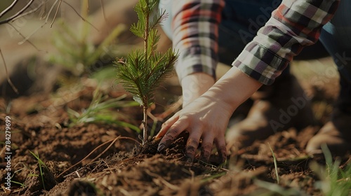 Close-up photo of hands planting a seedling in soil	 photo