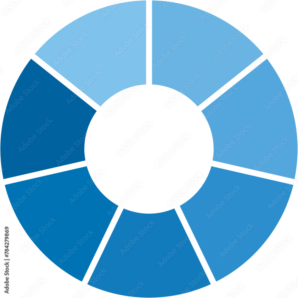 Separate blue gradient doughnut graph pie charts icon with 7 parts