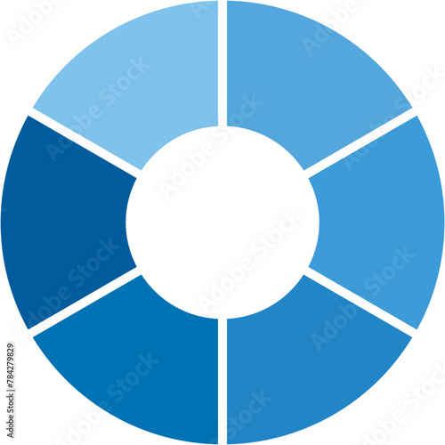 Blue gradient separate doughnut graph pie chart icon with 6 colourful parts. Morden flat design vector illustration diagram infographic for web logo button app ui ux isolated on white background