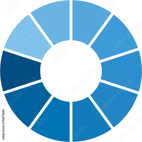 Separate blue gradient doughnut graph pie charts icon with 10 parts. Graphic flat design vector illustration circular diagram infographic for web banner logo button app ui isolated on white background
