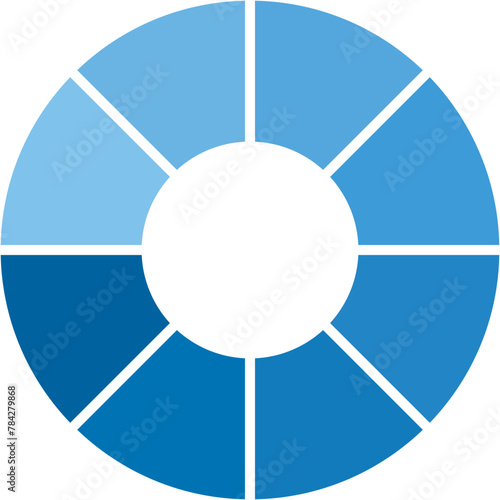 Separate blue gradient doughnut graph pie charts icon with 8 parts. Graphic flat design vector illustration circular diagram infographic for web banner logo button app ui isolated on white background