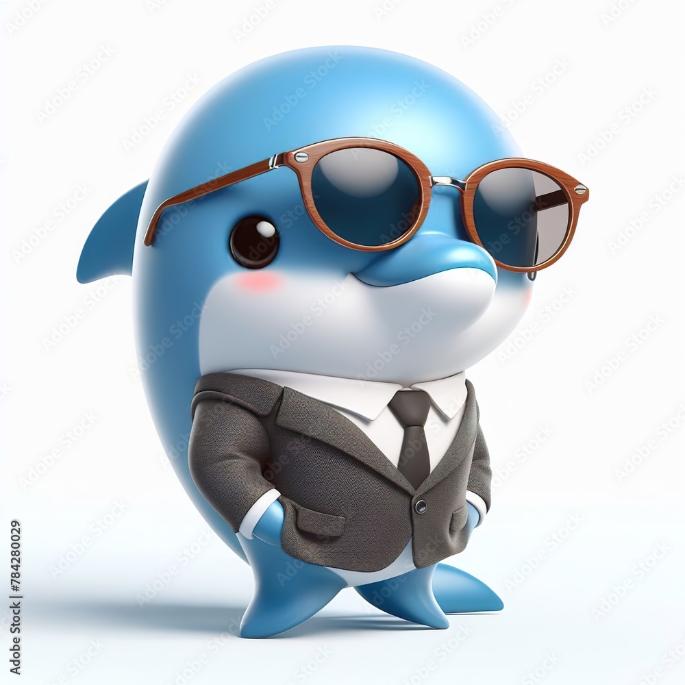 a cute dolphin wearing suit and cool fashion eyeglasses , funny, happy, smile, white background a cute dolphin wearing suit and cool fashion eyeglasses , funny, happy, smile, white background