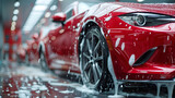 Automobile dealer washing a luxury car. Red car wash, generative ai