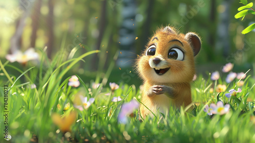 Design a heartwarming 3D cartoon of a prey animal frolicking in a meadow