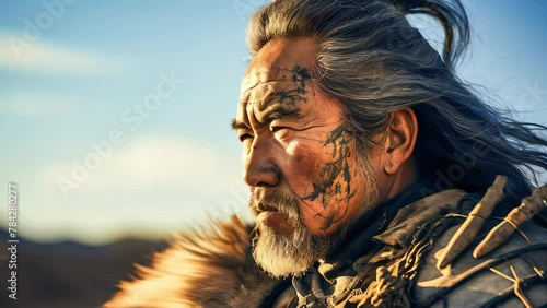 An old Mongol warrior in the Mongolian steppe photo