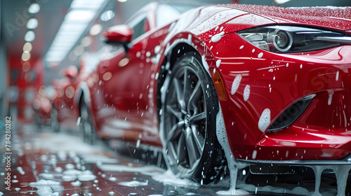 Automobile dealer washing a luxury car. Red car wash, generative ai © Neelam