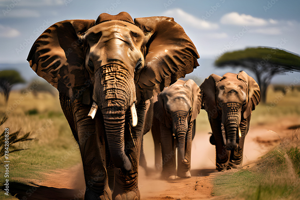 Fototapeta premium Elephant family playing in Serengeti National Park