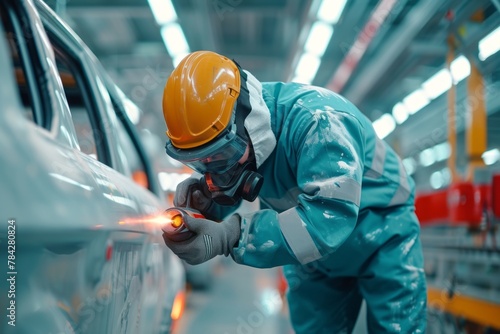 A focused auto mechanic wearing a safety helmet and mask skillfully paints a car in a well-lit industrial garage, highlighting the attention to detail and craftsmanship of the bodywork.