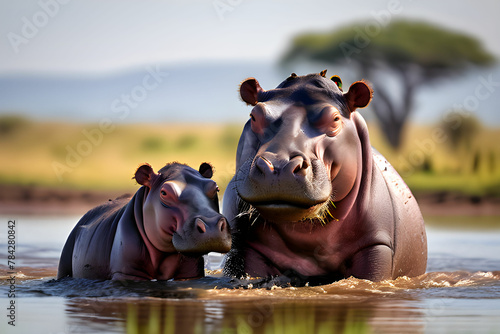 Hippo family playing in Serengeti National Park