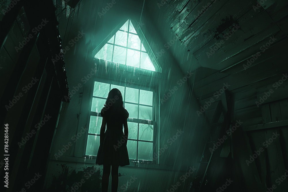 As the storm rages outside, a girls fear mounts upon spotting the menacing silhouette lurking in the attics shadows As the storm rages outside, a girls fear mounts upon spotting the menacing silhouette lurking in the attics shadows