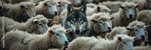A cunning wolf blends in with sheep representing individuality amidst conformity or concealed threats. Concept Identity, Individuality, Deception, Survival, Blending In
