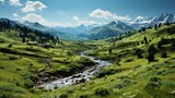 Beautiful alpine landscape with a river and mountains in the background