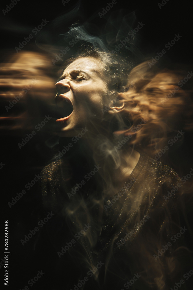 Blurred motion image of a screaming woman with multiple ghostly silhouettes