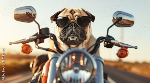 A pug wearing sunglasses sits on a motorcycle. The scene is bright and sunny, with the pug looking out the window and enjoying the ride. a pug riding a motorcycle along route © Nataliia_Trushchenko