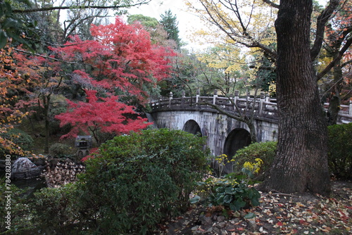 The stone bridge and autumn leaves in Otani-Hombyo, Kyoto, Japan