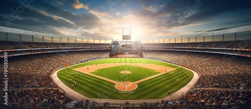 Baseball stadium at sunset with fans in the background