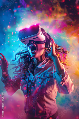 Excited gamer immersed in a virtual reality explosion, vivid colors, futuristic gear © thowithun