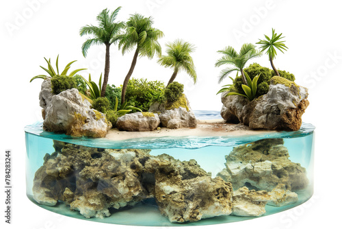A small island with a beach and tropical trees isolated on a transparent background. Summer vacation and travel idea concept