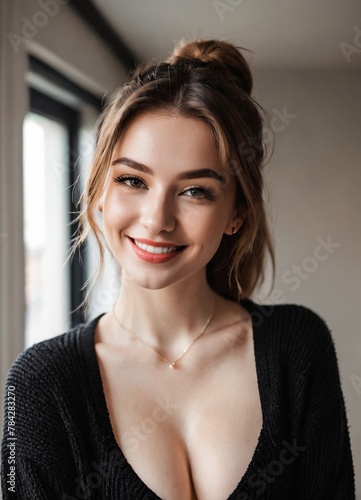 closeup face photo of a woman  in black sweater with cleavage