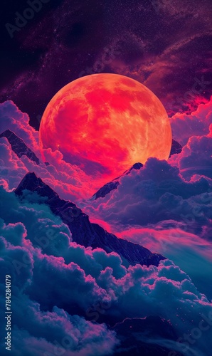 glowing red full moon mountains under purple clouds, neon cosmic poster, dark galaxy background wallpaper