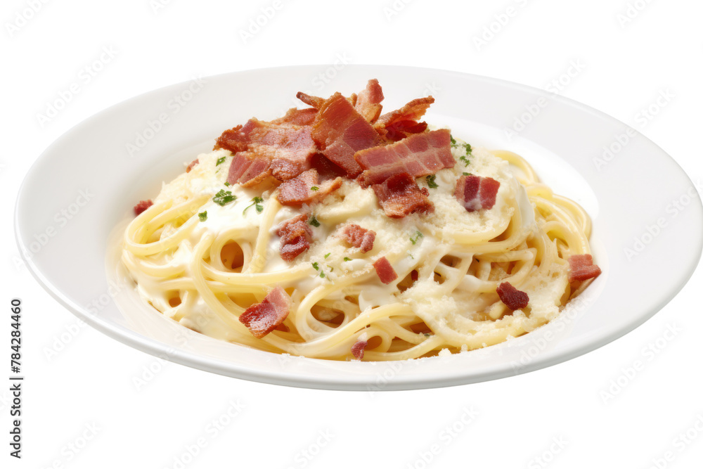  Pasta Carbonara, pasta, cream cheese, bacon, sprinkled with Parmesan cheese on a white plate. Isolated on a transparent background.