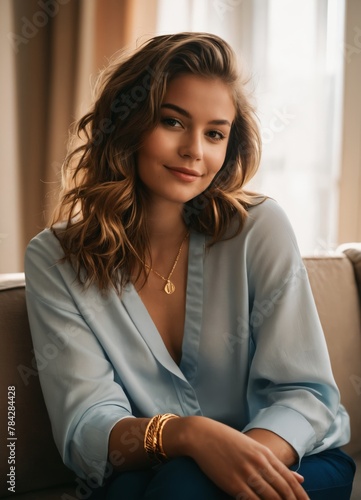 a woman sitting on a couch wearing a blue shirt and bracelets and a gold necklace on her neck