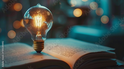 Bright light bulb resting on book pages, symbolizing the spark of ideas through education and self-study