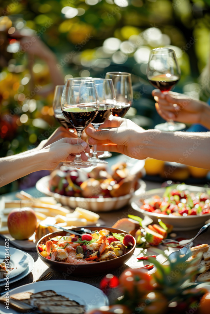Hands raising wine glasses in a sunny outdoor feast with friends.