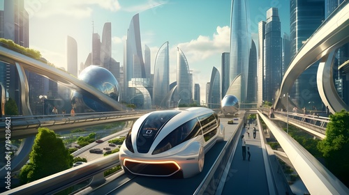 Rail Shuttle Through Cities in the Future. Fast train driving in the future. Concept for a futuristic metropolis.   © Baloch Arts