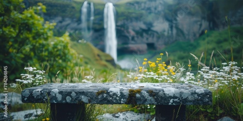 A serene waterfall amidst lush greenery with a tranquil bench in the foreground