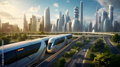 Rail Shuttle Through Cities in the Future. Fast train driving in the future. Concept for a futuristic metropolis.

 #784284867