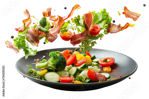 Vegetables fall into a black frying pan on a transparent background. Healthy food concept