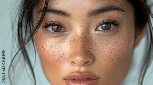 Close up of a woman with freckles on her face photo