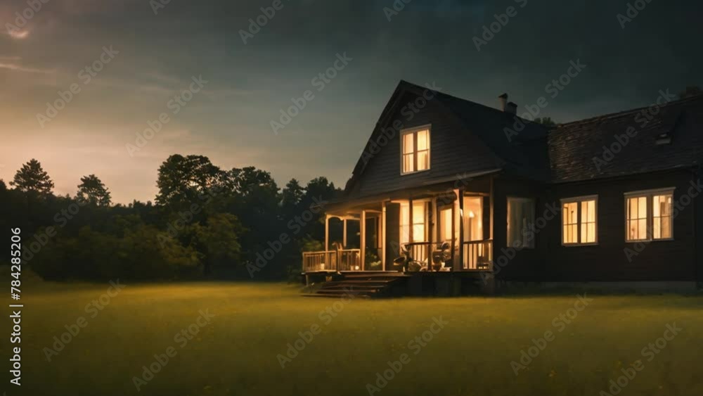 House in the middle of a meadow with a nighttime background House in the middle of a meadow with a nighttime background