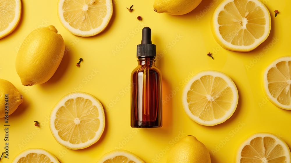 Amber glass bottle with dropper surrounded by fresh lemons on yellow background. Amber glass bottle with dropper surrounded by fresh lemons on yellow background.