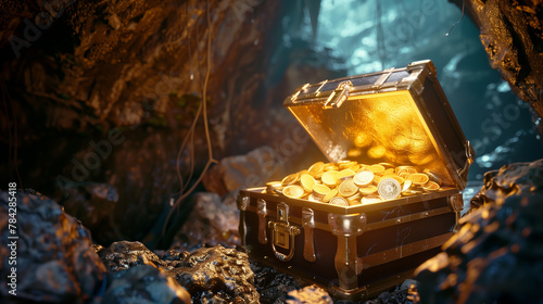 A treasure chest full of gold coins sits on a rocky shore. The scene is serene and peaceful, with the water and rocks creating a calming atmosphere. The gold coins sparkle in the sunlight