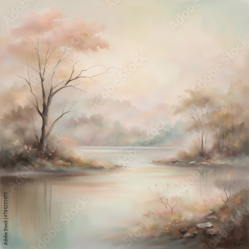 Create a dreamy, ethereal landscape painting featuring soft, muted tones and delicate brushwork, evoking a sense of otherworldly beauty and tranquility.